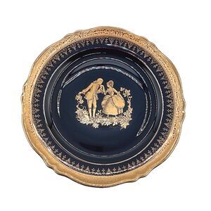 Vtg Limoges Courting Couple Plate 10" Porcelain Cobalt Blue 22K Gold Rim MCM